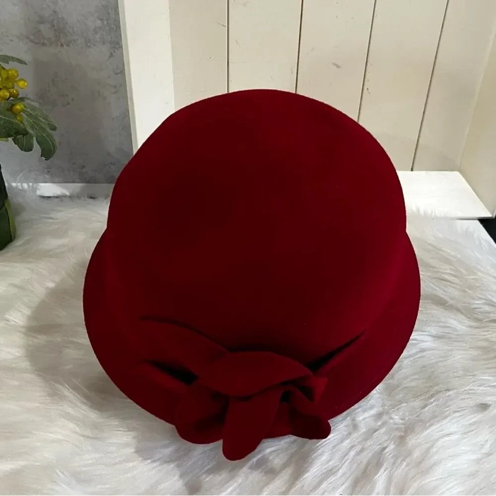 NEW Charter Club Wool Gatsby Cloche Bucket 1920’s Rose Winter Hat Red OS NWT